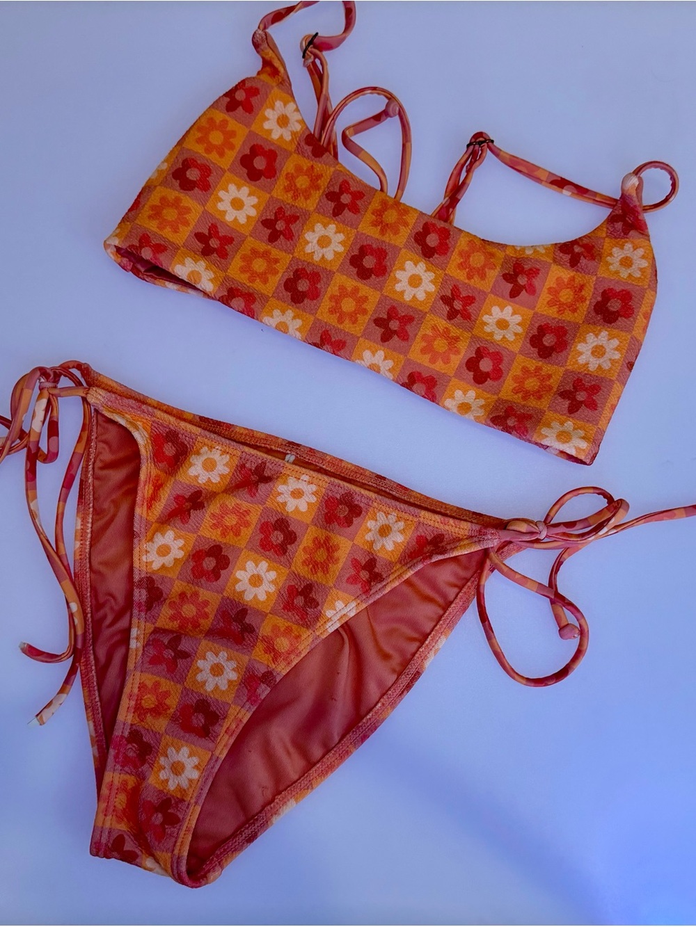 O'Neill Orange Floral Checkered Two-Piece Bikini Set (Size XS)